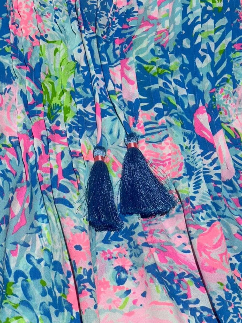 Lilly Pulitzer XS Tropical Floral Tassel Tunic Blouse Blue Pink - Picture 4 of 10